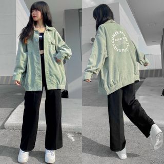 Áo khoác nhung kiểu bomber logo in cá tính, phong cách