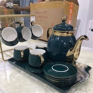 Bộ bình cốc uống trà cà phê màu xanh cổ vịt viền vàng kèm Giá treo cốc, 6 thìa vàng, 6 đĩa lót tách