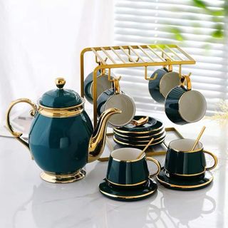 Bộ bình cốc uống trà cà phê màu xanh cổ vịt viền vàng kèm Giá treo cốc, 6 thìa vàng, 6 đĩa lót tách giá sỉ