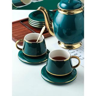 Bộ bình cốc uống trà cà phê màu xanh cổ vịt viền vàng kèm Giá treo cốc, 6 thìa vàng, 6 đĩa lót tách