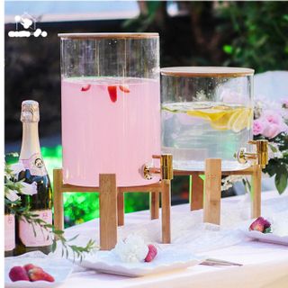 Bình Thủy Tinh Đựng Nước Sôi Nắp Gỗ Có Vòi Rót Kèm Kệ Gỗ