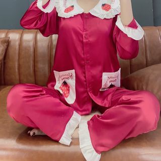 Sỉ đồ bộ pizama Satin tiểu thư in trái dâu Dài Dài
