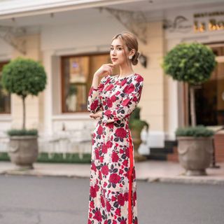 [CAO CẤP] ÁO DÀI HOẠ TIẾT HOA HỒNG CỰC XINH AD285 MÀU ĐỎ VINTAGE [ NHẬT-HÀN QUỐC]