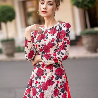 [CAO CẤP] ÁO DÀI HOẠ TIẾT HOA HỒNG CỰC XINH AD285 MÀU ĐỎ VINTAGE [ NHẬT-HÀN QUỐC]