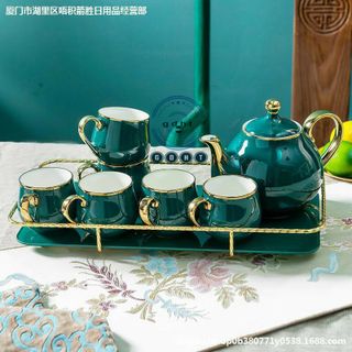 Bộ bình cốc sứ xanh kèm khay khung kim loại viền vàng cao cấp