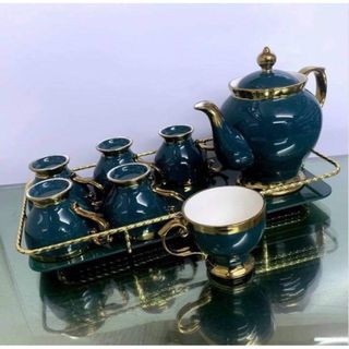 Bộ ấm chén sứ xanh cổ vịt có khay viền mạ sang chảnh