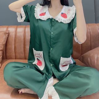Đồ bộ mặc ở nhà. Satin tiểu thư in trái dâu dài cộc