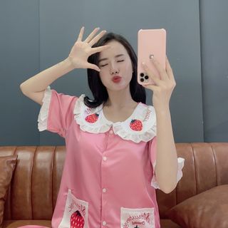 Đồ bộ mặc ở nhà. Satin tiểu thư in trái dâu dài cộc