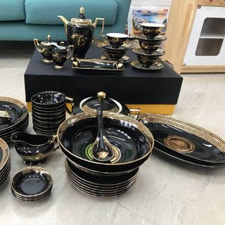 Bộ ấm trà sứ xương VS cao cấp sứ xương sang trọng 2 màu đen, trắng