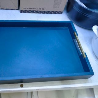 KHAY GỖ ĐỰNG ẤM CHÉN PHỦ SƠN XANH CÓ TAY CẦM VIỀN VÀNG