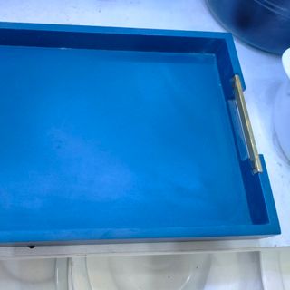 KHAY GỖ ĐỰNG ẤM CHÉN PHỦ SƠN XANH CÓ TAY CẦM VIỀN VÀNG