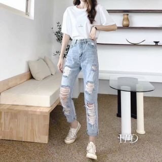 Quần baggy jean nữ lưng cao rách kiểu ms38