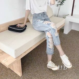 Quần baggy jean nữ lưng cao rách kiểu ms38
