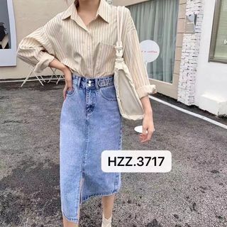 Chân váy jeans midi cạp chun