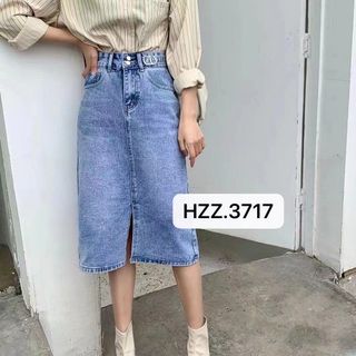 Chân váy jeans midi cạp chun