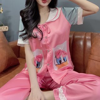 Xưởng sản xuất đồ bộ pijama Satin tiểu thư 2túi in 3d vịt DONA Dài Cộc
