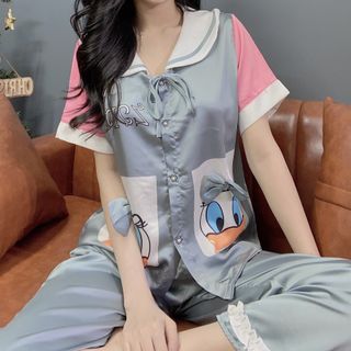 Xưởng sản xuất đồ bộ pijama Satin tiểu thư 2túi in 3d vịt DONA Dài Cộc