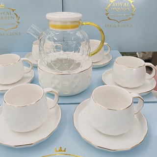 [Cam kết như hình ] Bộ bình pha trà thủy tinh, cốc đĩa, khay sứ trắng cổ vịt, kèm giá treo cốc
