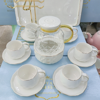 [Cam kết như hình ] Bộ bình pha trà thủy tinh, cốc đĩa, khay sứ trắng cổ vịt, kèm giá treo cốc