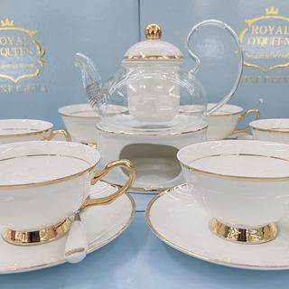 SET ẤM TÁCH TRÀ KÈM ĐĨA KÊ TRẮNG TRƠN SANG TRỌNG CAO CẤP
