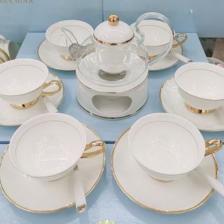 SET ẤM TÁCH TRÀ KÈM ĐĨA KÊ TRẮNG TRƠN SANG TRỌNG CAO CẤP