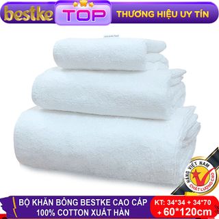 Bộ Khăn Bông Bestke Cao Cấp 100% Cotton Xuất Khẩu Hàn Quốc, Màu Trắng, cotton towels, towels giá sỉ