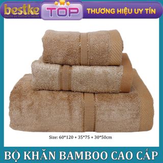 BỘ 3 Khăn Tắm, Khăn Gội, Khăn Mặt Bamboo Bestke Cao cấp Xuất khẩu Hàn Quốc màu Cafe Sữa, Bamboo Towel giá sỉ