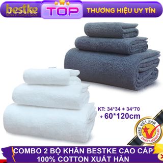 COMBO 02 Bộ 6 Khăn Bestke Cao Cấp 100% Cotton Siêu Thấm hút Nước , Xuất Khẩu Hàn Quốc, 1 BỘ Màu Trắng+1 BỘ màu blue, cotton towels, towels giá sỉ