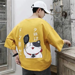 Áo thun nam nữ unisex form rộng tay lỡ in hình mèo và chữ nhật bản cute