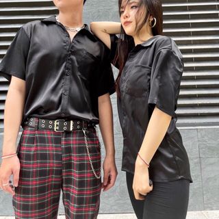 Sơ mi lụa gân đen cộc tay