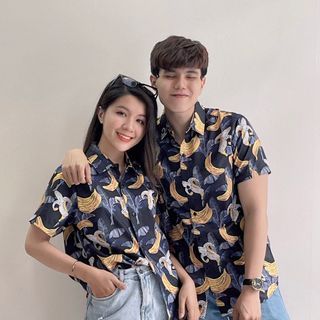 SƠ MI FORM RỘNG NAM NỮ CẶP ĐÔI HOẠ TIẾT CHUỐI HÌNH HOKO