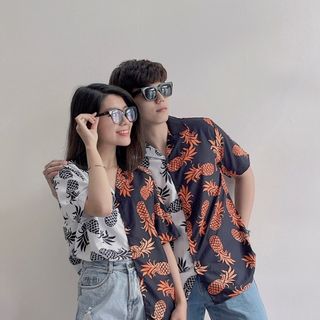 ÁO SƠ MI NAM NỮ CẶP HOẠ TIẾT TRÁI THƠM FORM RỘNG ĐI BIỂN