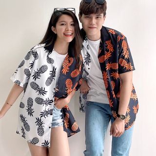 ÁO SƠ MI NAM NỮ CẶP HOẠ TIẾT TRÁI THƠM FORM RỘNG ĐI BIỂN