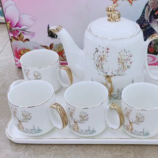 Bộ ấm chén kèm khay sứ trắng pha trà nắp thỏ nhiều họa tiết( Mã RB)