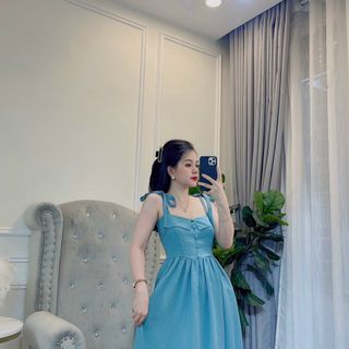 Váy thô xòe 2 dây khuy bọc