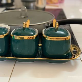 Bộ Bộ 3 Hũ Đựng Gia Vị Sứ Màu Xanh Trắng Tráng Men Cao Cấp