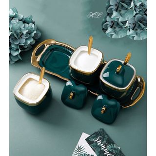 Bộ Bộ 3 Hũ Đựng Gia Vị Sứ Màu Xanh Trắng Tráng Men Cao Cấp