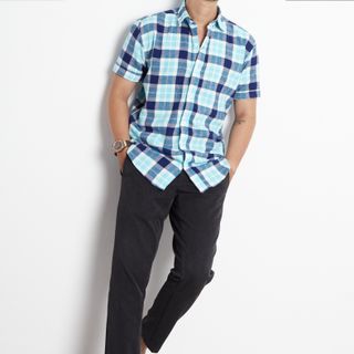 [size to 50-110kg] Áo sơ mi ngắn tay sọc carô trẻ trung