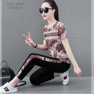 [CAO CẤP] Bộ đồ thể thao nữ cotton phối họa tiết TT495_HÀNG XUẤT NHẬT-HÀN