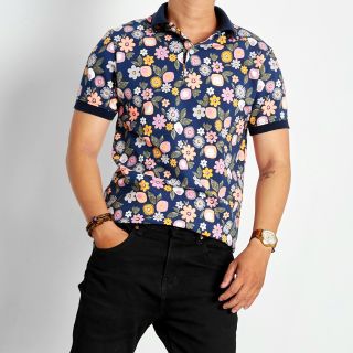 Áo thun nam ngắn tay có cổ cotton in hoa văn