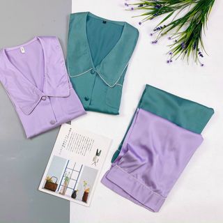Đồ ngủ đồ mặc nhà tdqd cổ lá sen trơn chất lụa quãng châu