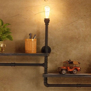 Kệ treo tường gỗ kệ ống nước kiêm đèn vintage chất liệu ống sắt nội thất ống nước trang trí