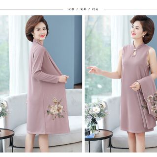 Set đầm trung niên nữ cao cấp, thiết kế rời 2 mảnh, phối hoa sang trọng NV0676