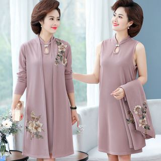 Set đầm trung niên nữ cao cấp, thiết kế rời 2 mảnh, phối hoa sang trọng NV0676