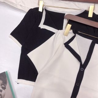 Áo len mịn croptop phối trắng đen