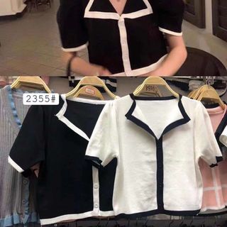 Áo len mịn croptop phối trắng đen