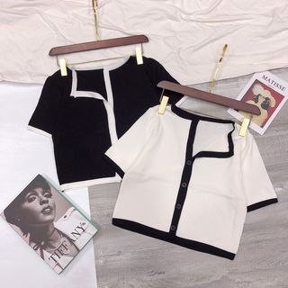 Áo len mịn croptop phối trắng đen