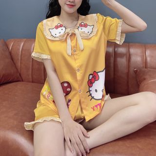 Đồ bộ Satin tiểu thư in Kitty ILOVEYOU ĐÙi Cộc