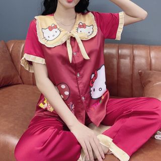 Đồ bộ nữ pijama Satin in kitty ILOVEYOU dài cộc giá sỉ
