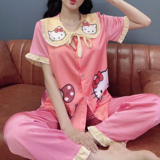 Đồ bộ nữ pijama Satin in kitty ILOVEYOU dài cộc